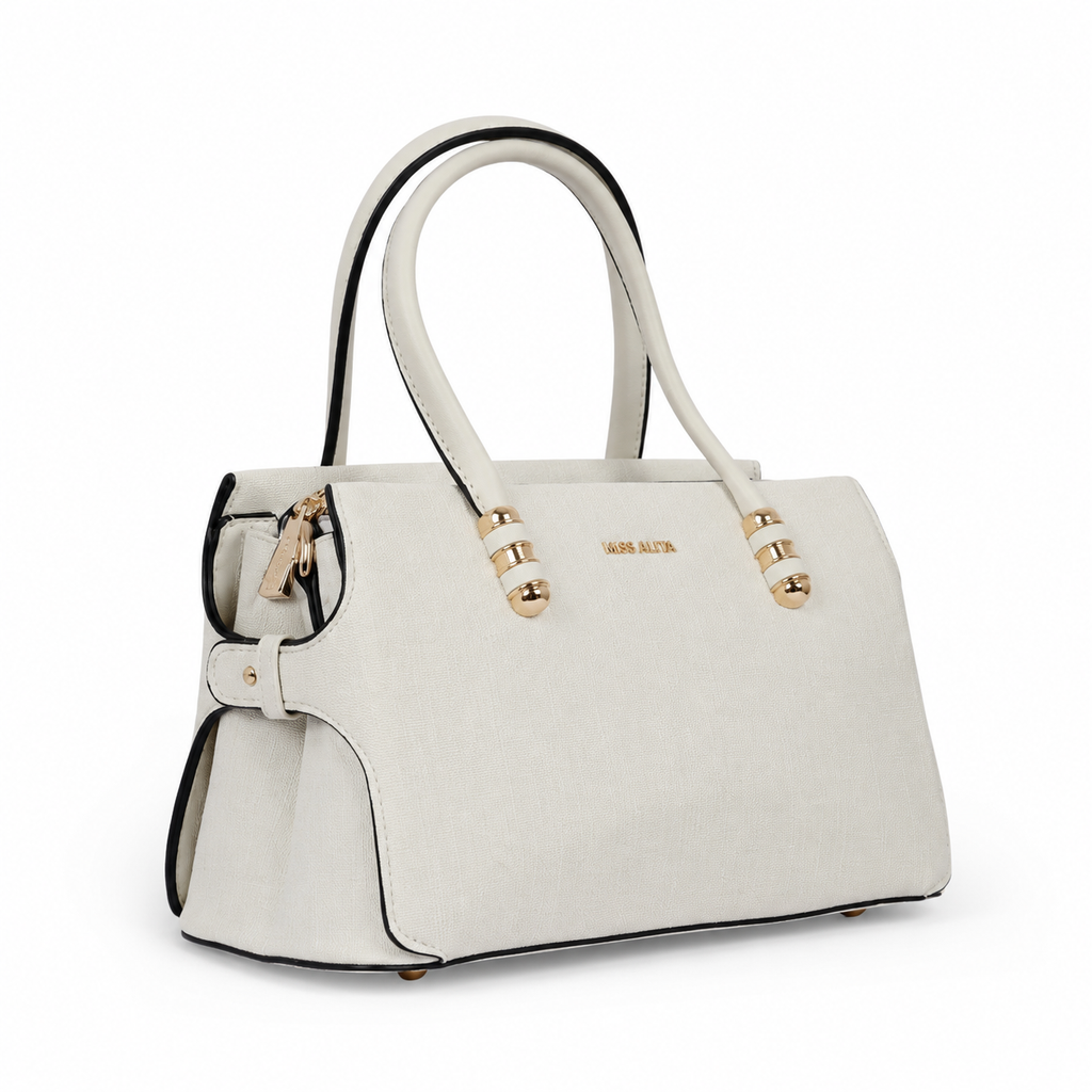 MISS ALITA beige handbag with gold-tone hardware, black trim, and double handles.