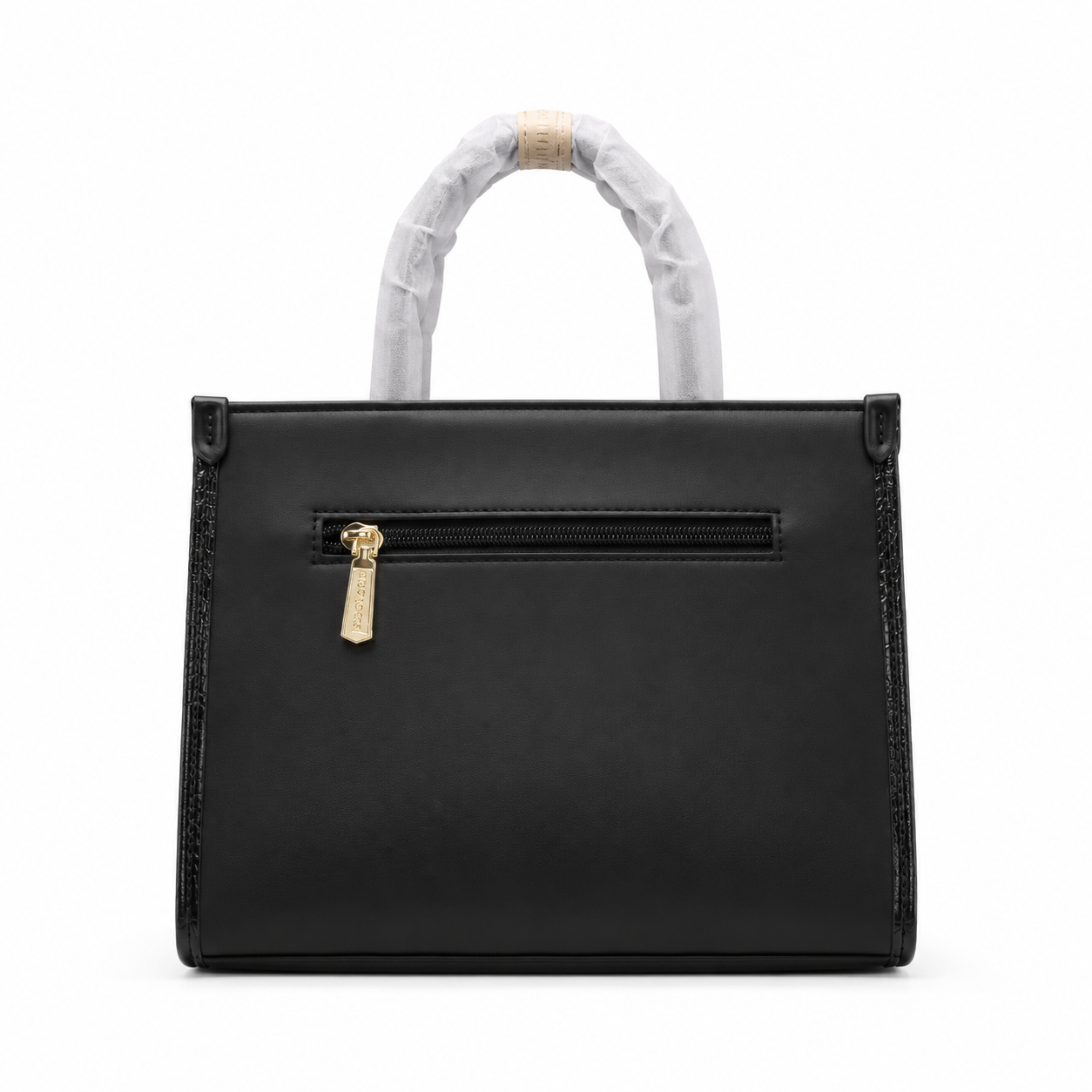 Emily Loran Tote Bag in black leather with gold zipper pull, luxury tote for work, university, outings.