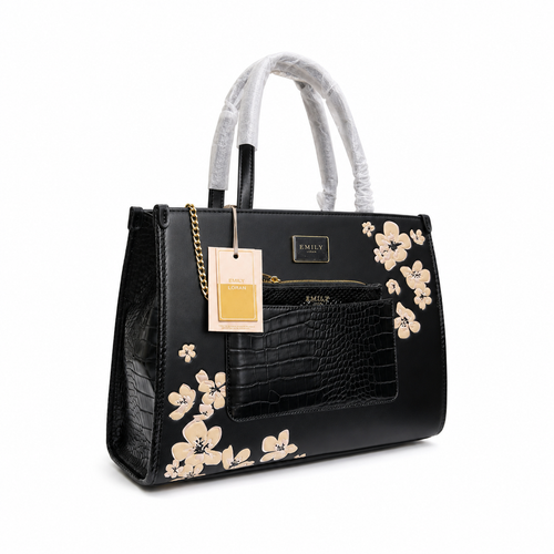 Emily Loran Tote Bag in black with cream floral appliques, gold hardware and croc-embossed front pocket.