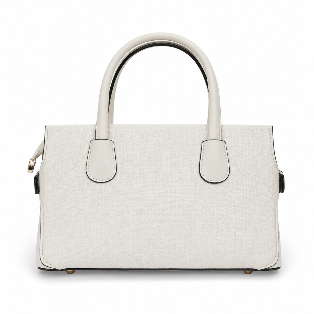Miss Alita cream handbag with double top handles, textured canvas, black edge trim.