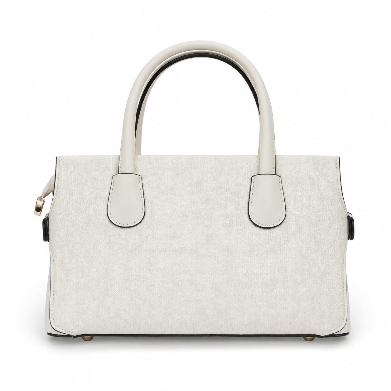 Miss Alita cream handbag with double top handles, textured canvas, black edge trim.