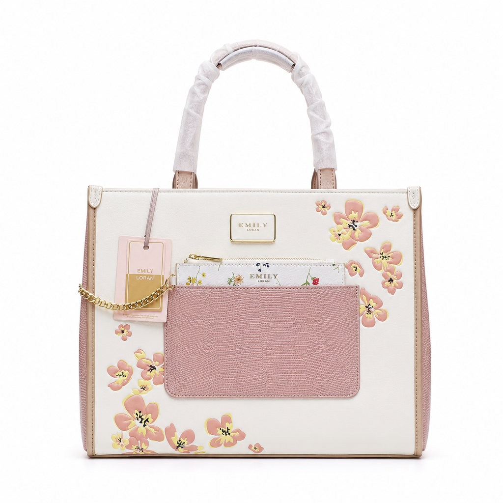 Emily Loran Tote Bag, white with pink floral accents, front pink cardholder and gold logo plate.