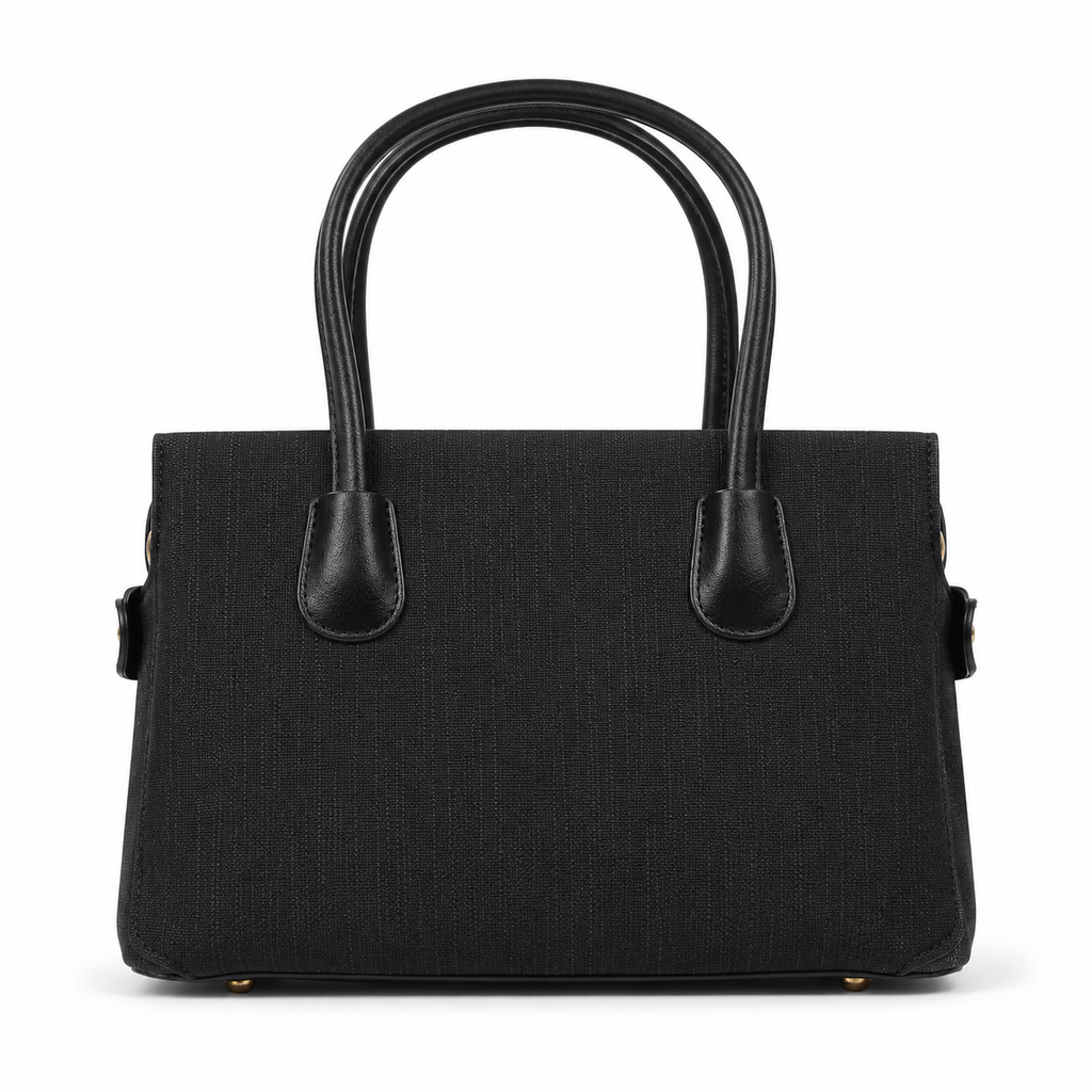 MISS ALITA black textured tote with double top handles and gold-tone feet.
