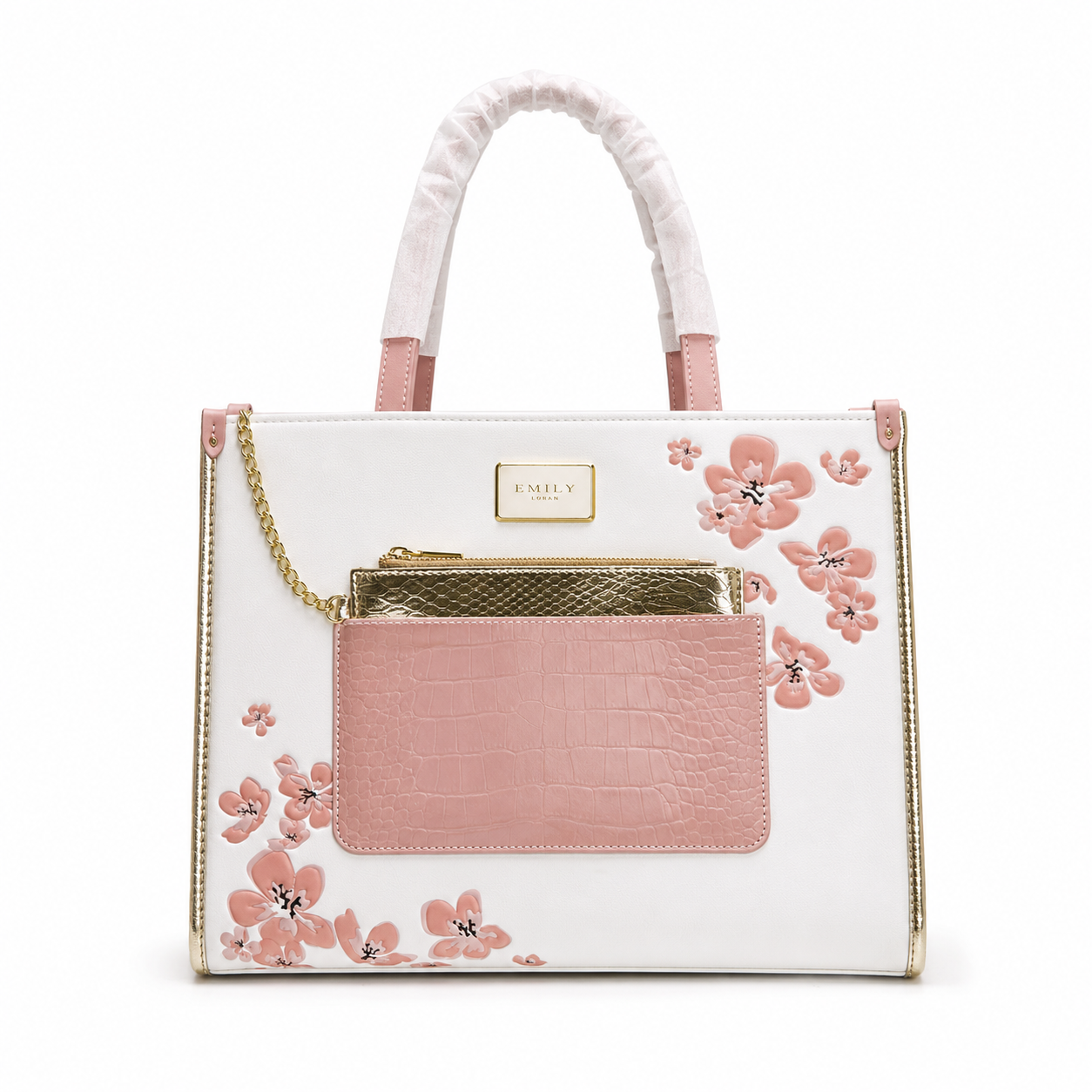 Emily Loran Tote Bag in white with pink floral accents, pink handles, and gold hardware for a luxurious daily bag.