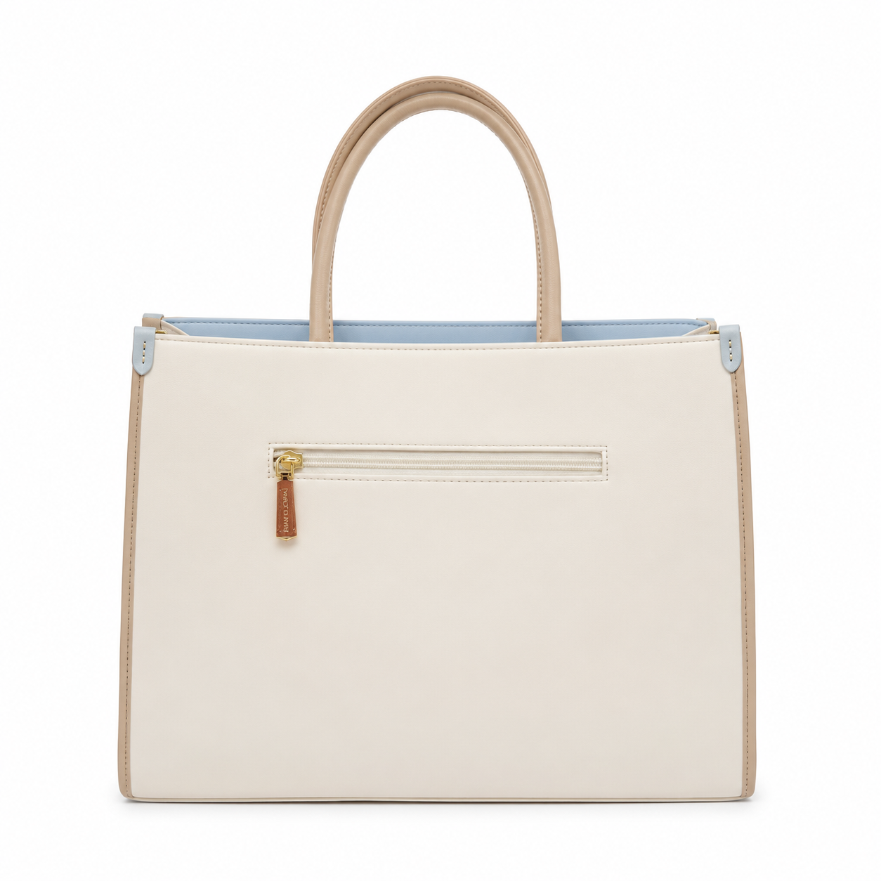 Emily Loran Tote Bag in cream with beige trim, light blue interior, front zip pocket, dual top handles.