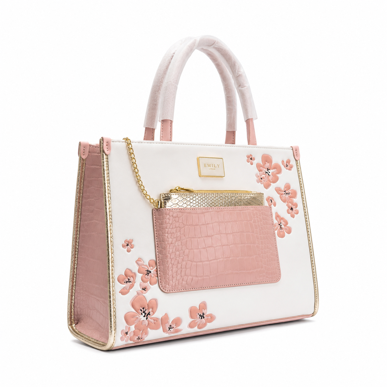 Emily Loran Tote Bag: white bag with pink floral design, pink crocodile-embossed pockets, gold hardware.