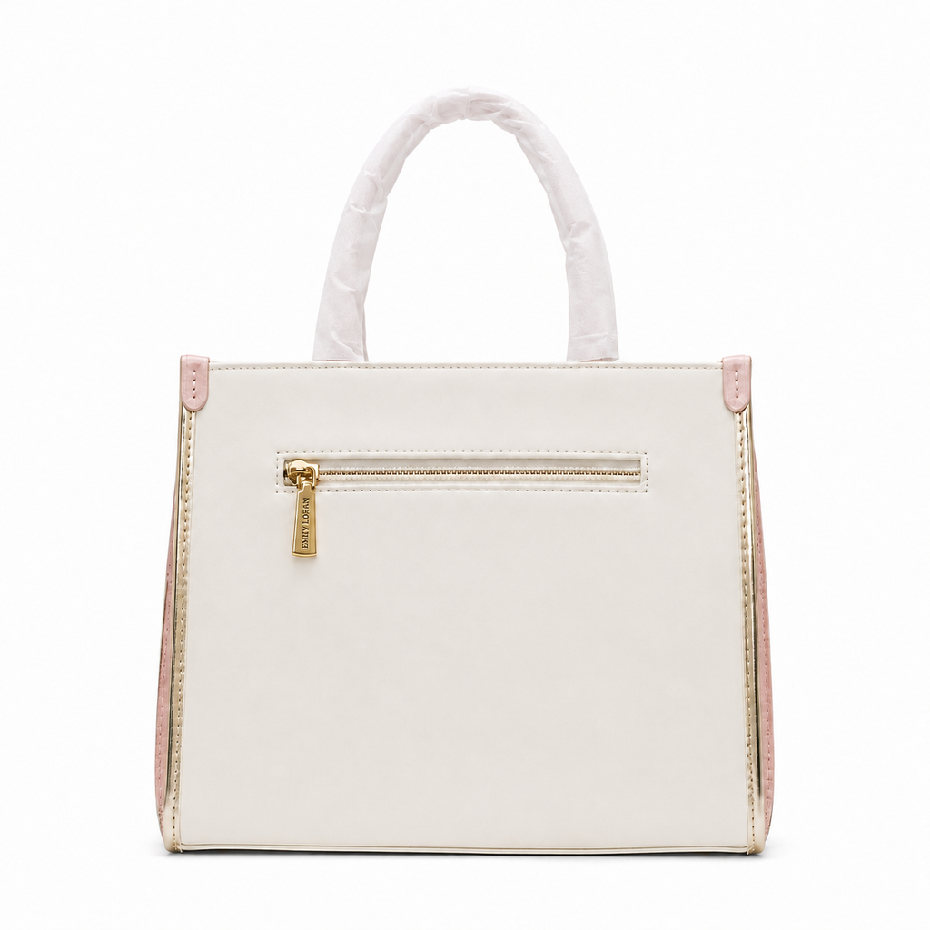 Emily Loran Tote Bag: cream body with pink trim and gold zipper, wrapped handles, elegant everyday bag.