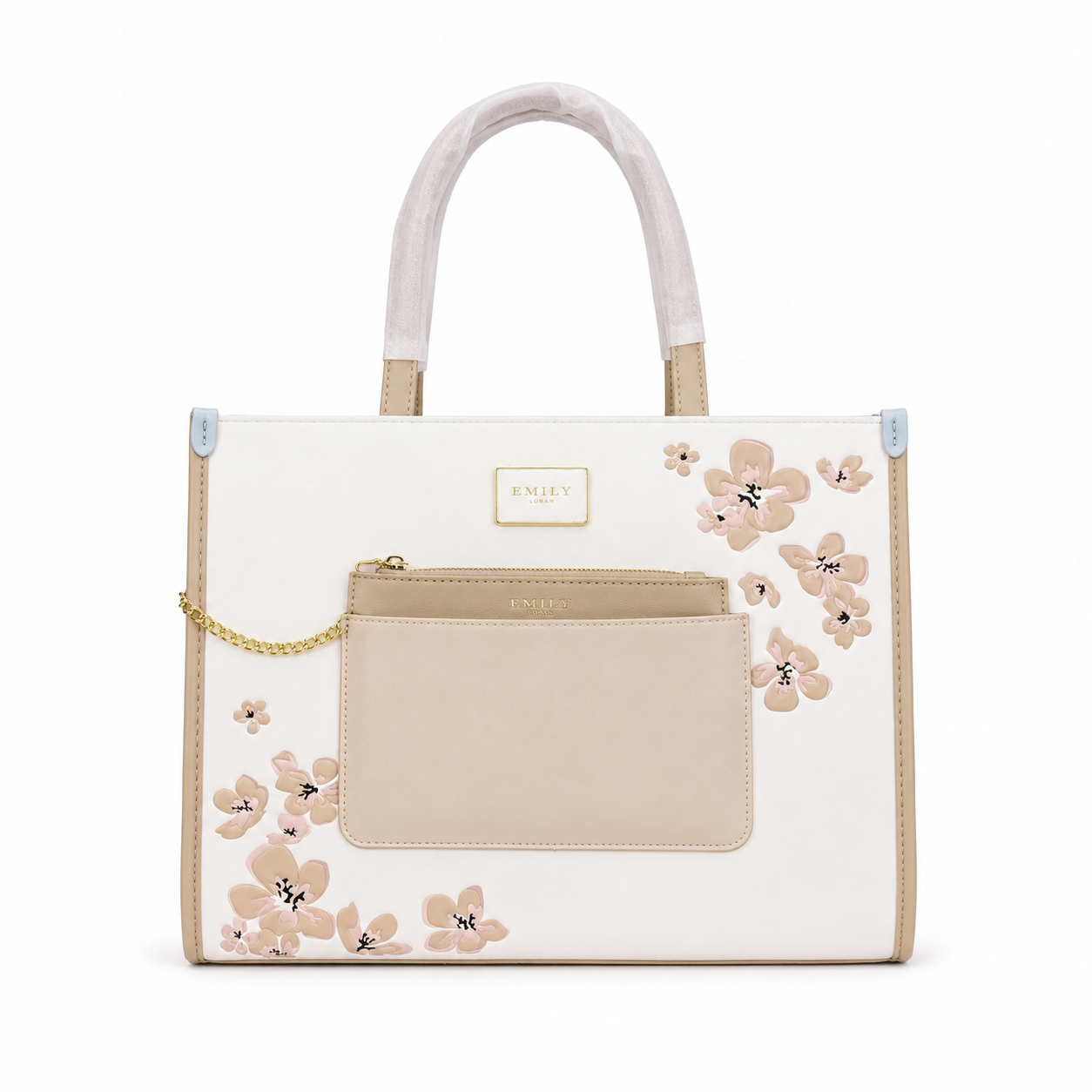Emily Loran Tote Bag in white with pink floral accents, beige front pocket and gold chain detail.