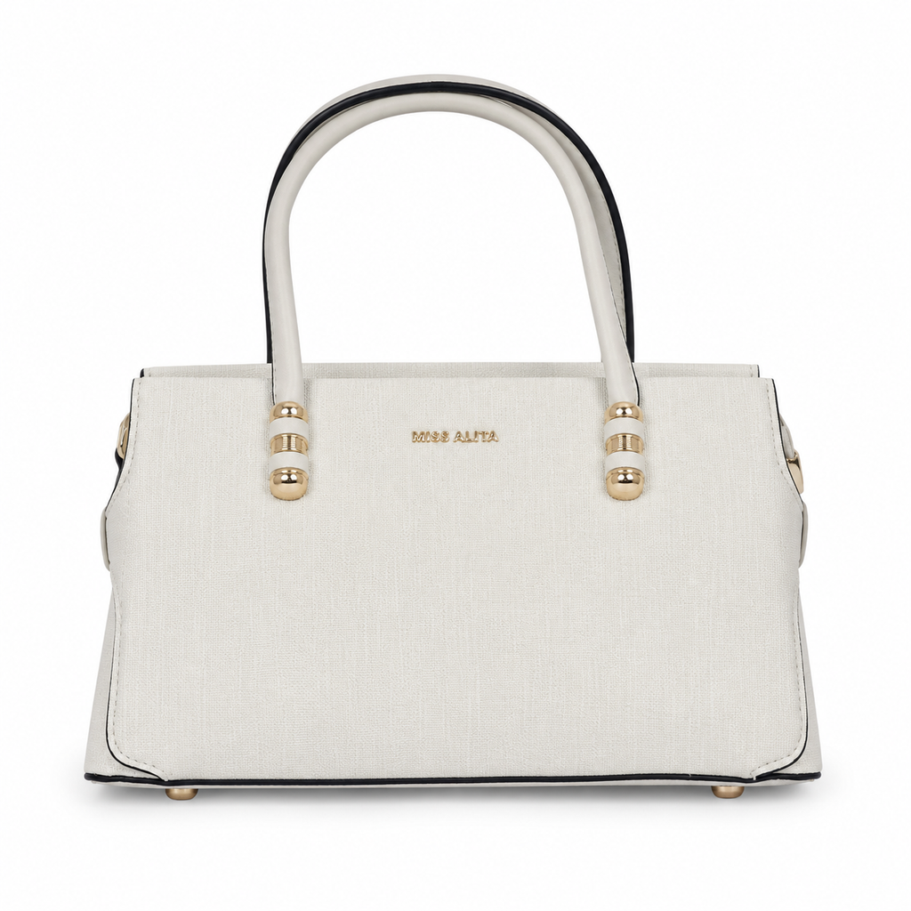 MISS ALITA cream handbag with gold-tone hardware and black-trim top handles.