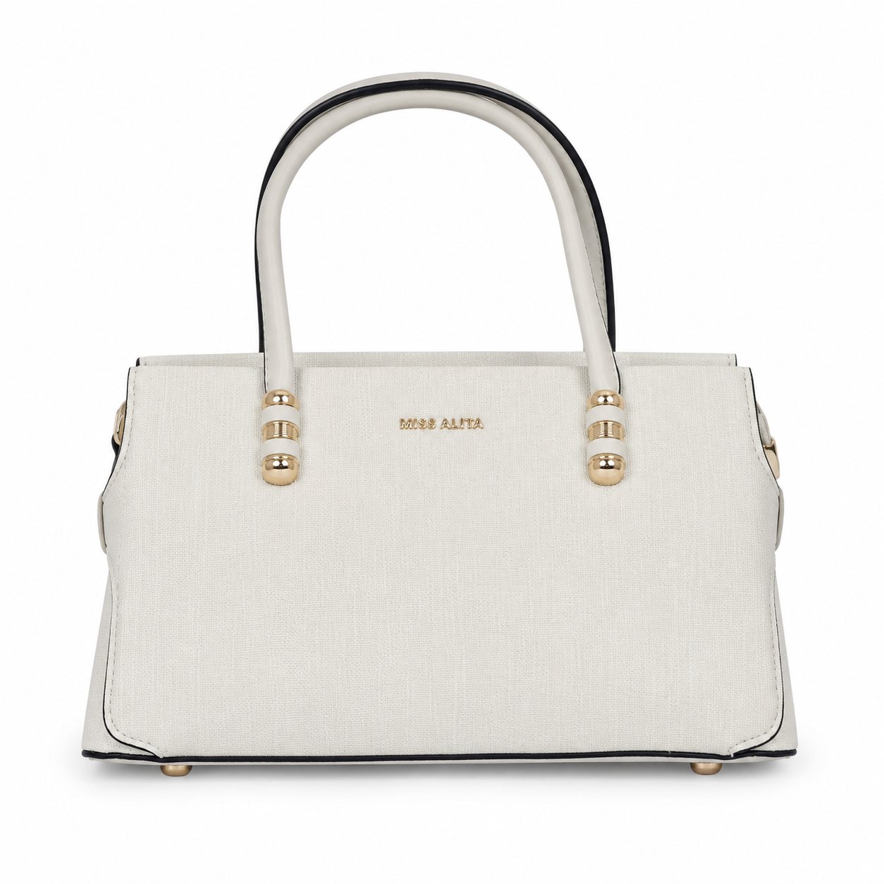 MISS ALITA cream handbag with gold-tone hardware and black-trim top handles.