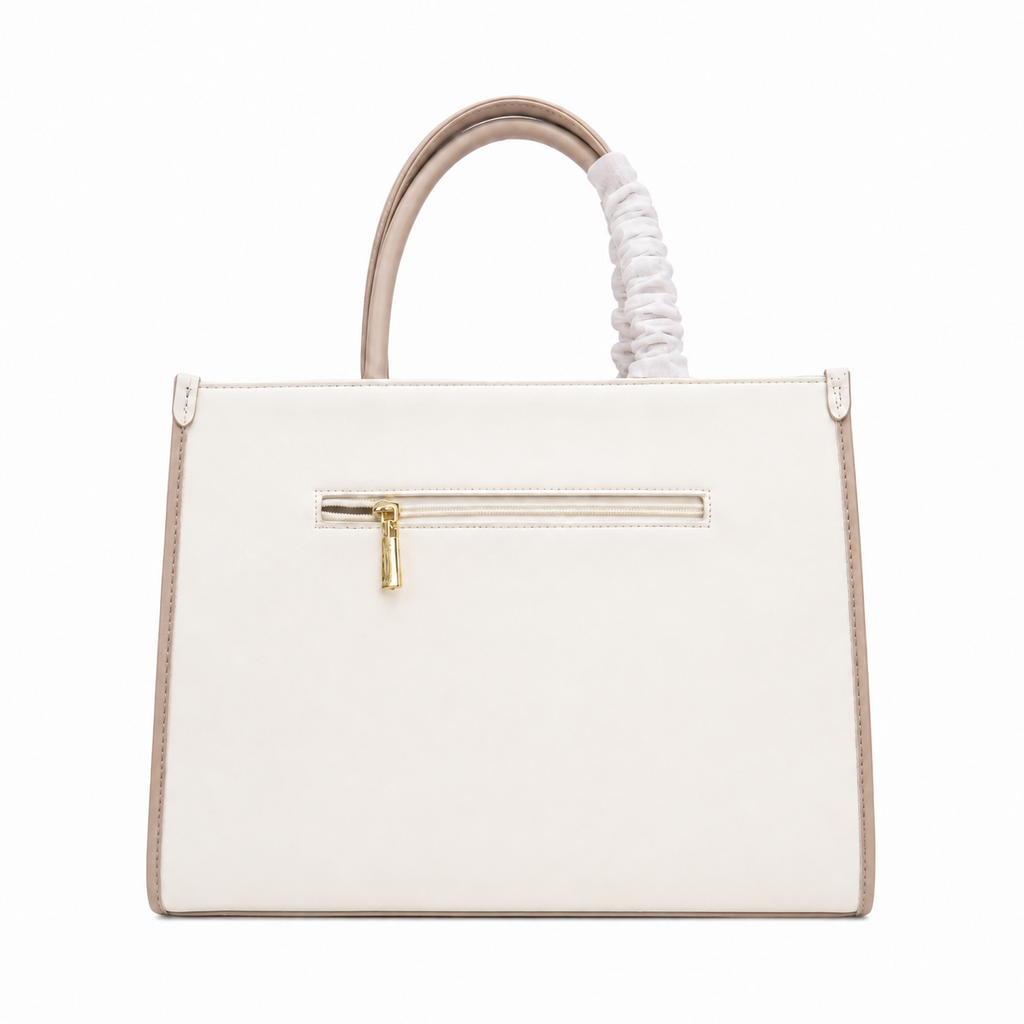 Emily Loran Tote Bag in cream with beige trim and gold zipper pocket for elegant daily use.