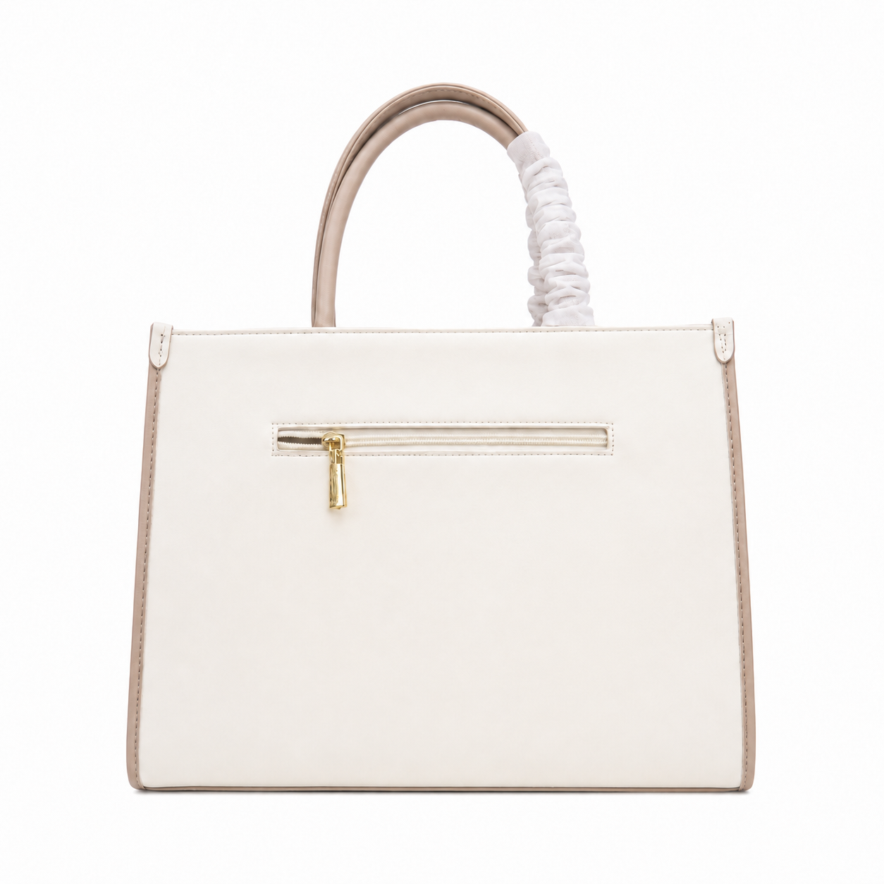 Emily Loran Tote Bag in cream with beige trim and gold zipper pocket for elegant daily use.