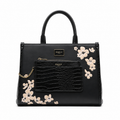 Emily Loran Tote Bag in black with beige floral appliques, croco-embossed front pocket, gold-tone hardware.