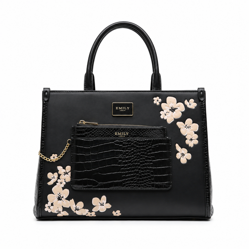 Emily Loran Tote Bag in black with beige floral appliques, croco-embossed front pocket, gold-tone hardware.